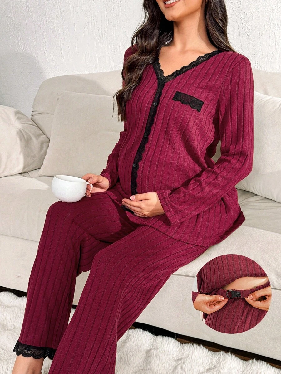 SHEIN 两件套孕妇蕾丝拼接休闲睡衣套装，长袖上衣和裤子，秋季酒红色睡衣套装，女士两件套，冬季