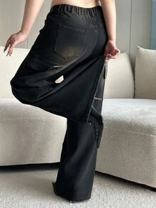 Dazy Plus Jeans en denim à jambes larges et lâches, taille élastique, grande taille, toutes saisons - Noir - Voir 5