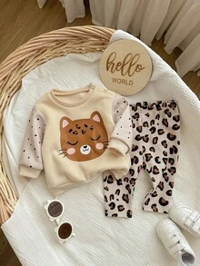 SHEIN 新生女婴可爱卡通图案针织长袖卫衣裤子套装，秋冬 - 杏色 - 查看 4