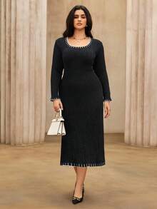 Flirla Plus Size Women's Fashionable Black Knitted Dress, Vintage High-End Elegant Fitted Sweater Dress, Casual & Versatile, Autumn/Winter