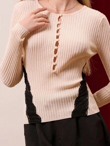 lacRébo Pink And Black Rib Knit Long Sleeve Top,Button Front Contrast Lace Detail Sweaters,Elegant Autumn Brunch Women French Parisian Style Office Knit Top - Khaki - View 7