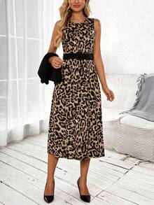 EMERY ROSE Women's Solid Color 3/4 Sleeve Open Front Jacket And Leopard Print Sleeveless Dress Elegant 2-Piece Set, Autumn - Khaki - View 6