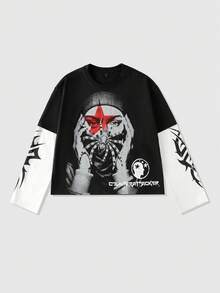 ROMWE MEN Street Life Men Patchwork 2 In 1 Print Long Sleeve Punk T-Shirt, Loose Cropped Style, Fall - Black - View 1