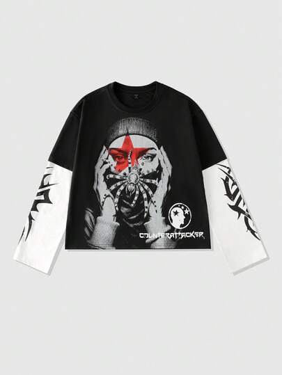 Street Life Men Patchwork 2 In 1 Print Long Sleeve Punk T-Shirt, Loose Cropped Style, Fall