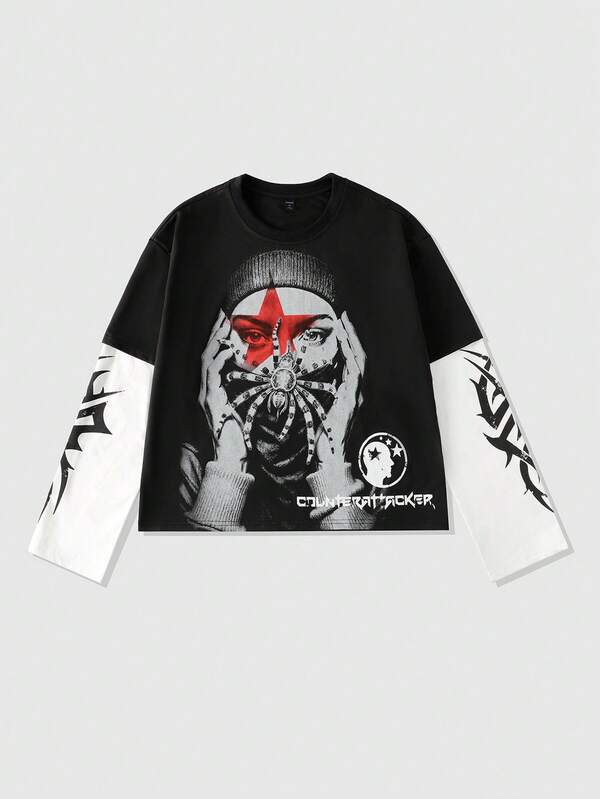 ROMWE MEN Street Life 男士拼接二合一印花长袖朋克T恤，宽松短款，秋季款