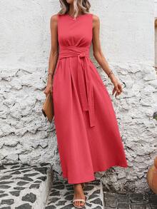 Solivie 女士纯色扭腰口袋无袖罩层连衣裙 - 紅色 - 查看 5