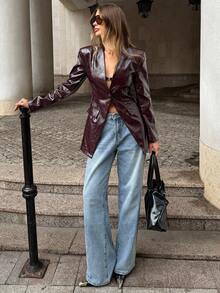 SHEIN BAE 时尚纯色束腰西装外套 - 酒紅色 - 查看 1