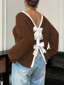 Elenzga Sweater Lengan Panjang Kerah Bulat Kasual Wanita Ukuran Besar dengan Pita, Musim Gugur/Musim Dingin - Coffee Brown - View 2