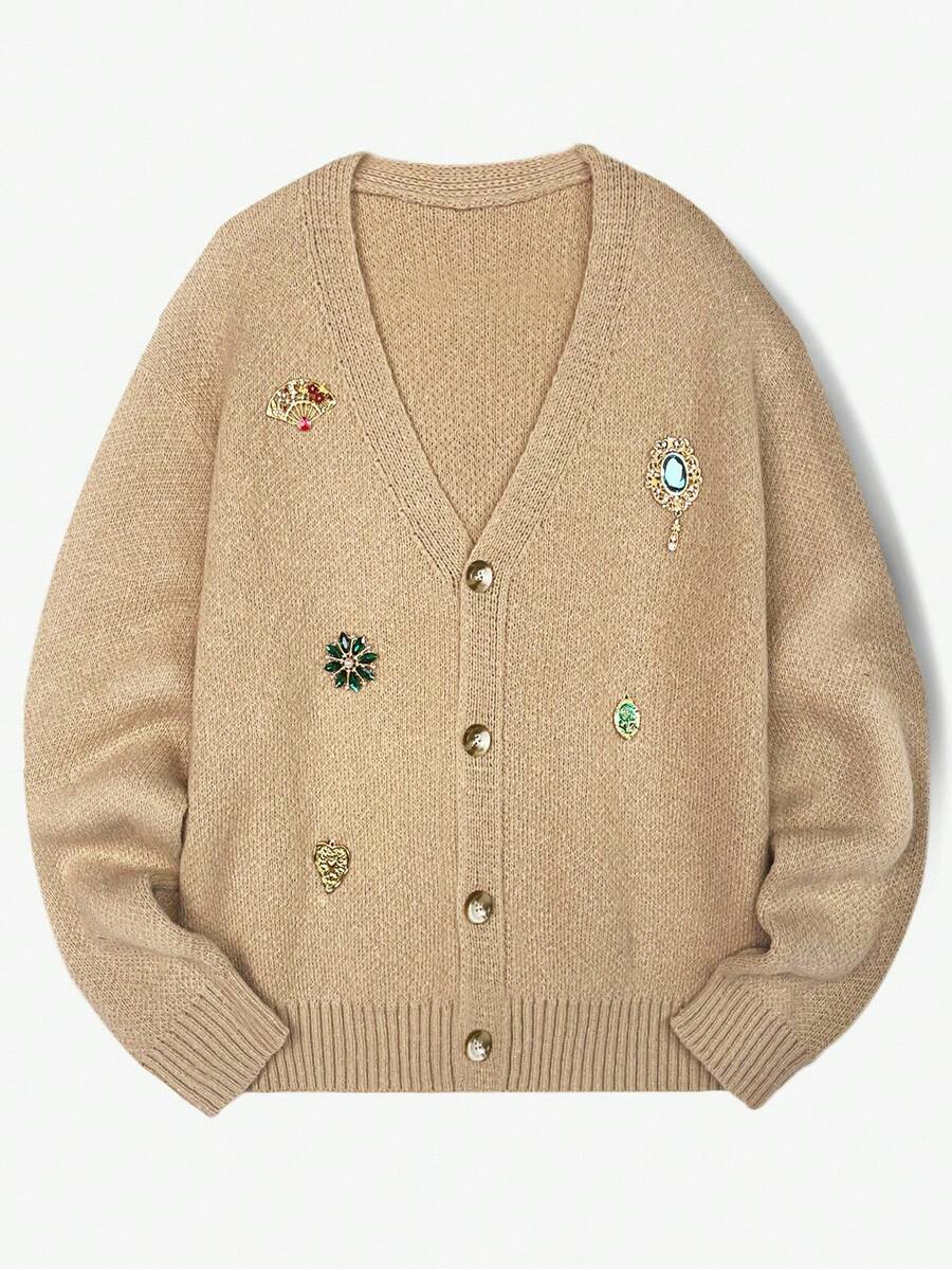 Manfinity Homme Áo khoác cardigan nam thời trang thu đông mới có mặt dây chuyền kim loại cao cấp - Màu Khaki - Xem 1
