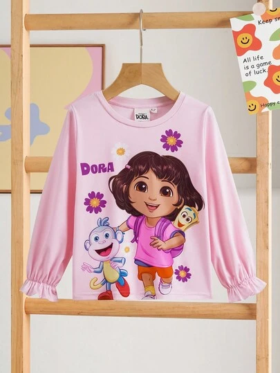 DORA | SHEIN Young Girl Cute Cartoon Girl Large Graphic Print Round Neck Flare Sleeve Knit Pink T-Shirt