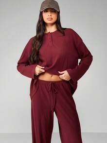 MISSGUIDED 罗纹针织纽扣细节家居服阔腿裤套装舒适秋冬家居服长袖 - 鏽棕色 - 查看 5