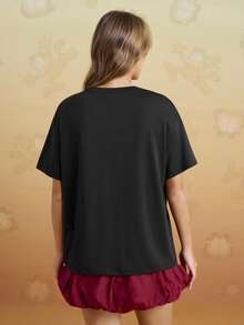 GARFIELD | SHEIN Women's Casual Vintage Cartoon Cat Print Round Neck Short Sleeve T-Shirt, Summer - Black - View 2