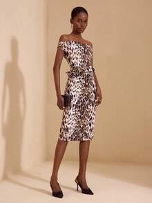 JIAN LASALA Vestido ajustado con hombros descubiertos, cintura fruncida y lazo, con estampado de leopardo en todo el vestido. Vestido de leopardo, vestido midi con estampado animal, colección de ropa de lujo y elegante con gráficos - Multicolor - Ver 7