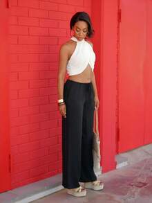 Yess Loren 女士雪纺度假休闲时尚交叉褶皱后颈纽扣优雅性感衬衫 - 杏色 - 查看 5