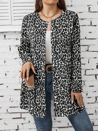 EMERY ROSE Plus Size Casual Elegant Leopard Print Open Front Thin Jacket