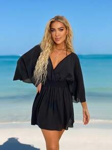 Swim Lushoire Solid Wrap Detail Flare Sleeve Cover Up,Summer Beach - Black - View 6