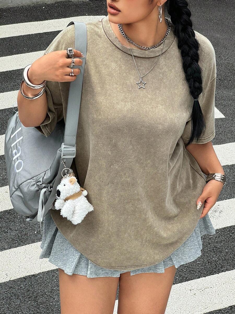 SHEIN EZwear 加大码酸洗外观复古针织做旧宽松短袖 T 恤
