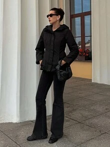 DAZY 女士连帽防风夹克，纯色修身款，收腰设计，黑色短款加厚保暖内衬外套，冬季女式外套 - 黑色 - 查看 13