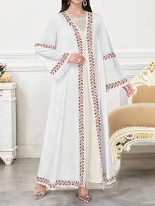 SHEIN Najma 女士花卉印花长袖休闲阿拉伯长袍，适合春秋季节 - 彩色 - 查看 3