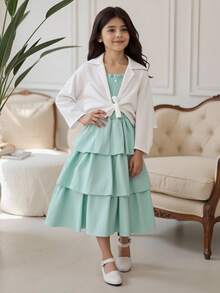 SHEIN Tween Girl Ruffle Hem & Button Detail Cami Dress And Shirt - Green - View 4