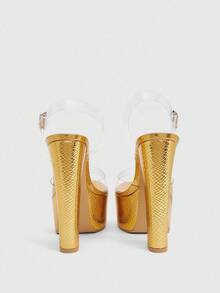 CUCCOO LuxiPop Damen Outdoor Plateau Sandalen mit rundem Zehenbereich, hohem Absatz, wasserdicht, aus goldenem Schlangenleder-PU und transparentem PVC-Material, modisch, bequem für Alltag, Party und Bankett, mit Schnallenverschluss - Gold - Übersicht 7