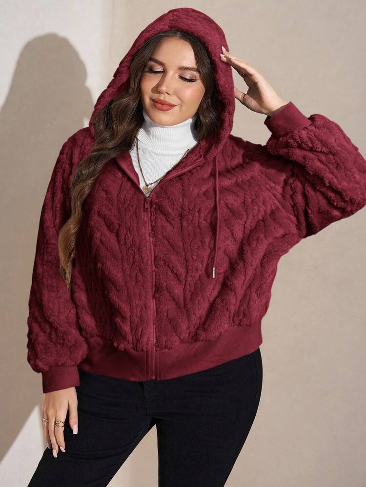 SHEIN CURVE+ Winter Clothes Plus Size Autumn And Winter Super Thickened Double Fleece Hooded Padded Warm Jacket Women's Fall Women Geometric Pattern Reversible Hooded Fleece Holiday/Autumn /Winter - Burgundy - View 6