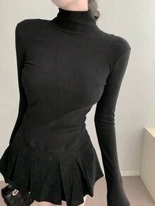 DAZY 女式休闲修身长袖立领 T 恤，背面网眼拼接，镂空设计 - 黑色 - 查看 5