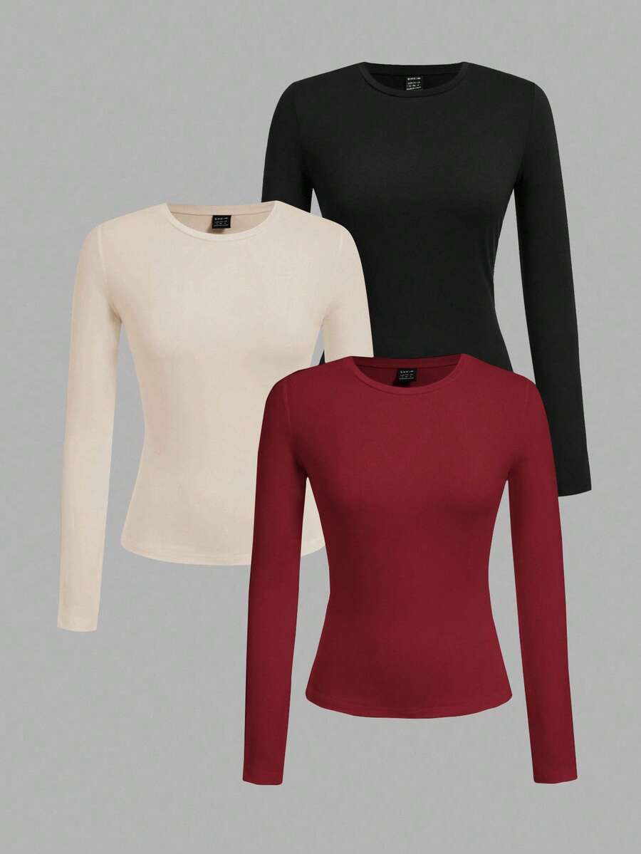 SHEIN EZwear 女士圆领休闲修身长袖T恤三件套,黑色,杏色,酒红色,秋冬 - 彩色 - 查看 1