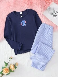 2 件女童海军蓝罗纹面料印花蝴蝶结上衣，搭配海军蓝和白色格子宽松裤，可爱休闲睡衣套装 - 彩色 - 查看 3