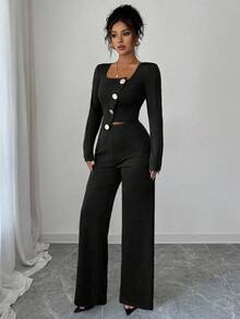 Elenzga Women's Elegant Asymmetric Hem Long Sleeve Blazer Jacket And Elastic Waist Pants 2 Pieces Suit Set For Office, Commute, Afternoon Tea, Party, Autumn/Winter - Black - View 6