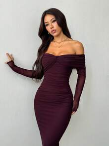 SHEIN PETITE 露肩网纱扭结褶皱连衣裙，修身剪裁，长袖，浪漫约会装扮，娇小身材亦可穿着，新年女装，感恩节女装，红色连衣裙，奢华晚礼服，优雅女士连衣裙，露肩酒红色连衣裙让您看起来更高挑、更苗条、更性感、更显气质。 - 酒紅色 - 查看 3