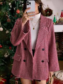 LanaWest 仿大衣女套装羊绒大衣小号复古格子圣诞西部女士羊毛大衣 - 紅白色 - 查看 5