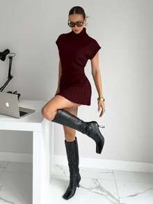 Siren Gaze 秋冬新款高领针织上衣+针织混纺中裙两件套女 - 酒紅色 - 查看 6