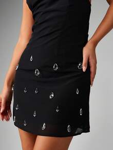 MISSGUIDED Elegant Mini Halter Dress With Crystal Embellishments Draped Neckline Backless Evening Party Night Out Holiday Club Occasion Semi Formal Wear - Black - View 5