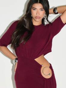 KIZN Váy ngắn dệt kim cắt xẻ tà dài xếp ly bên hông chi tiết phần cứng hình tròn trang nhã cho buổi tối dự tiệc câu lạc bộ đêm ra ngoài mùa thu đông - Màu Đỏ Sâu - Xem 5