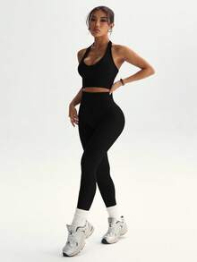 Dewbera Dewbera Women's Solid Color Cropped Halter Neck Tank Top And High Waist Leggings Sports Set - Black - View 7