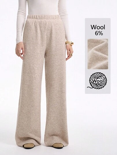 Aalyst 女士休闲、商务、居家办公优雅长裤，针织仿羊毛，及踝长度，带口袋，杏色，秋冬