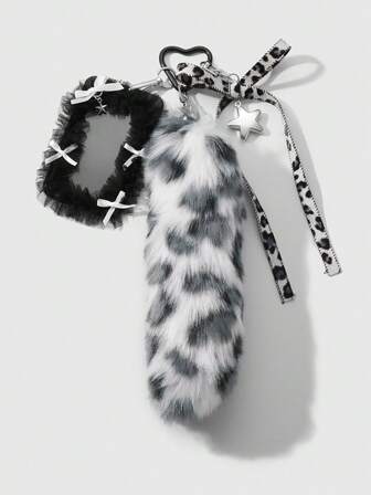 Grunge Punk 1pc Y2K Vintage Sweet Gothic Style Grey Plush Animal Leopard Print Fake Tail, Leather Heart Bowknot, CCB Star Net Yarn Lace Card Holder, DIY Keychain Bag Pendant, Suitable For Office Workers, Students And Daily Wear, Holiday Gift, Halloween