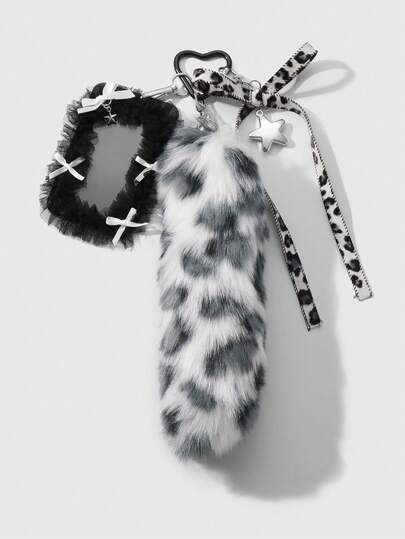 Grunge Punk 1pc Y2K Vintage Sweet Gothic Style Grey Plush Animal Leopard Print Fake Tail, Leather Heart Bowknot, CCB Star Net Yarn Lace Card Holder, DIY Keychain Bag Pendant, Suitable For Office Workers, Students And Daily Wear, Holiday Gift, Halloween