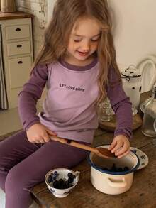 DAZY 2件套年轻女孩圆领印花长袖T恤+裤子家居服套装 - 紫色 - 查看 5