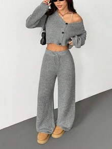 SHEIN PETITE 秋冬季女士休闲纯色长袖针织开衫两件套 - 深灰色 - 查看 4