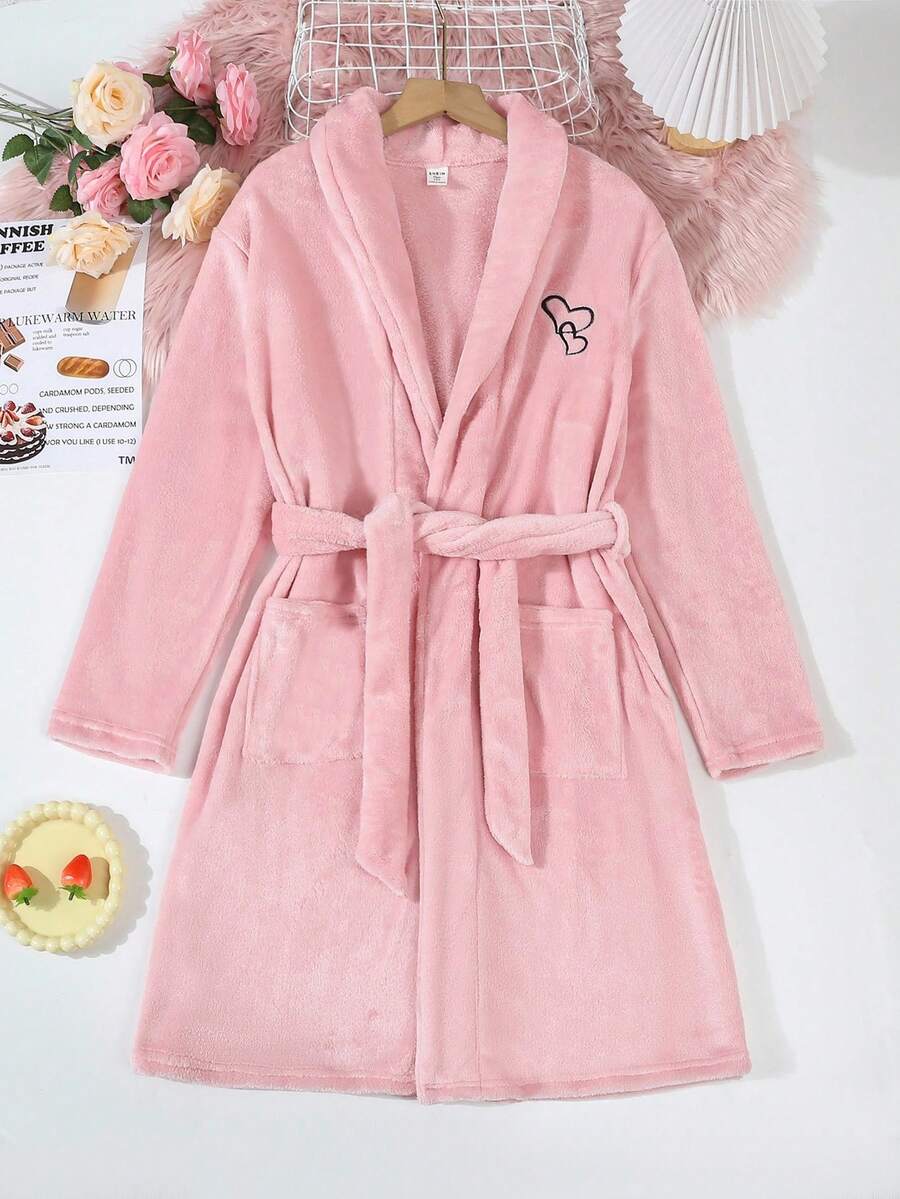 少女粉色优雅梦幻心形刺绣法兰绒长袖长袍睡衣 - 粉色 - 查看 1