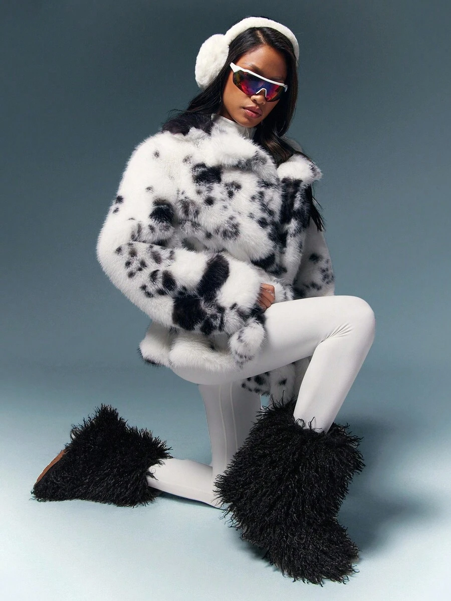 SHUZIA 时尚女式中筒黑色人造毛皮毛绒蓬松毛茸茸温暖舒适冬季节日平底靴 - 黑色 - 查看 1