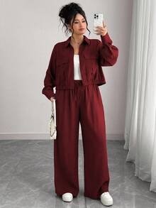 Elenzga 大码女式法式浪漫西西里优雅休闲通勤度假纯棕色衬衫领隐形门襟松紧下摆长袖衬衫 + 松紧腰工装裤套装，春/秋/冬 - 紫紅色 - 查看 8