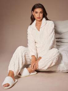 Lazeform Women's Plush Jacquard Collar Zip-Up Long Sleeve & Ankle Cuff Pants Pajama Set, Winter, Cozy Outfit Fluffy Pjs Loungewear Cozy Sets Women Matching Lounge Set Homewear Women, Fall Clothes