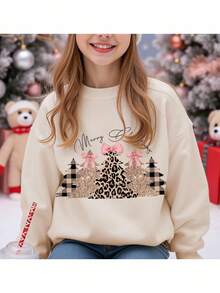SHEIN Beige,Autumn,Cute,Matching Family Tween Girls Happikins Christmas Tree Pattern Sweatshirt,Glitter Gold Leopard Print Crew Neck Soft Loose Long Sleeve - Beige - View 3