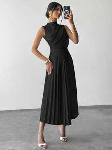 Firerie 女士优雅荷叶边无袖摆领 A 字裙/伞裙/返校/校服/派对/复古风女装/外出装/女士派对装/女士办公室装/仿杏色裙 - 黑色 - 查看 5