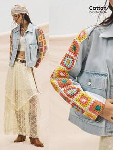 Easelle Veste en jean pour femmes avec manches en laine colorée, coutures, veste d'automne et d'hiver