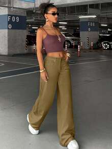 SHEIN WOMEN LOOSE LOW WAIST WIDELEG EVERYDAY CASUAL JEAN - Olive Green - View 5