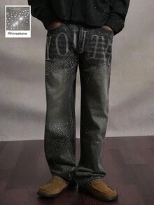 PAVTROS Quần jean ống đứng dáng rộng có túi họa tiết chữ đính đá cho nam, phong cách Grunge - màu đen - Xem 3